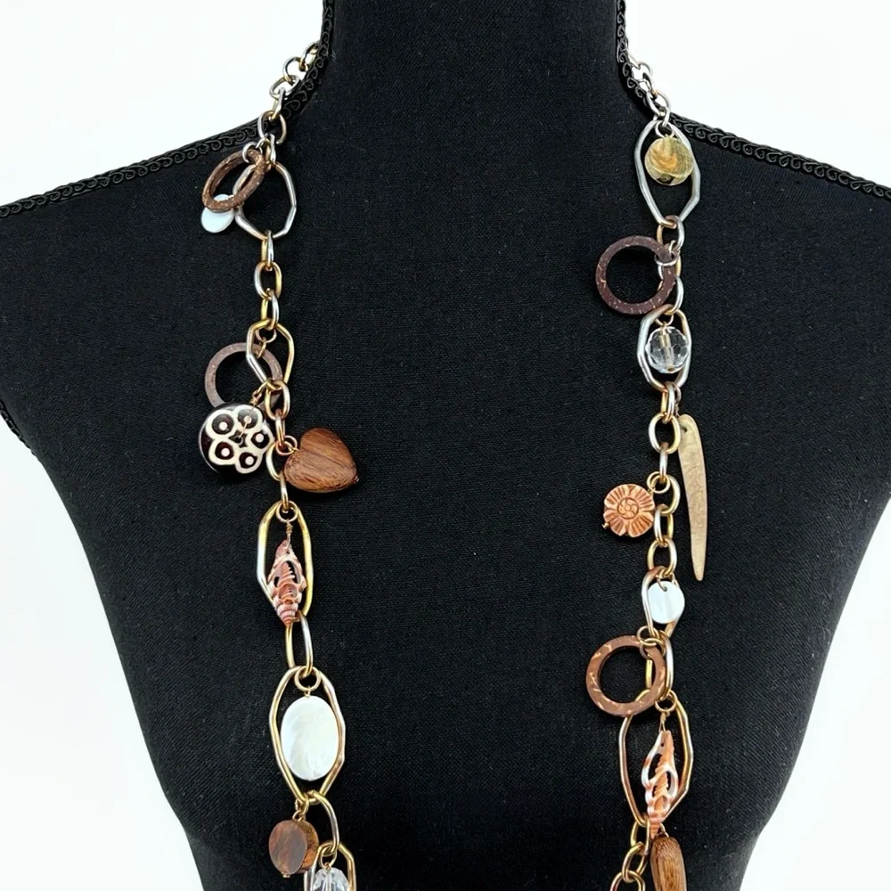 Vtg RJ Graziano Beachy Chain Link Charm Necklace Natural Worn Gold Plated Tribal
